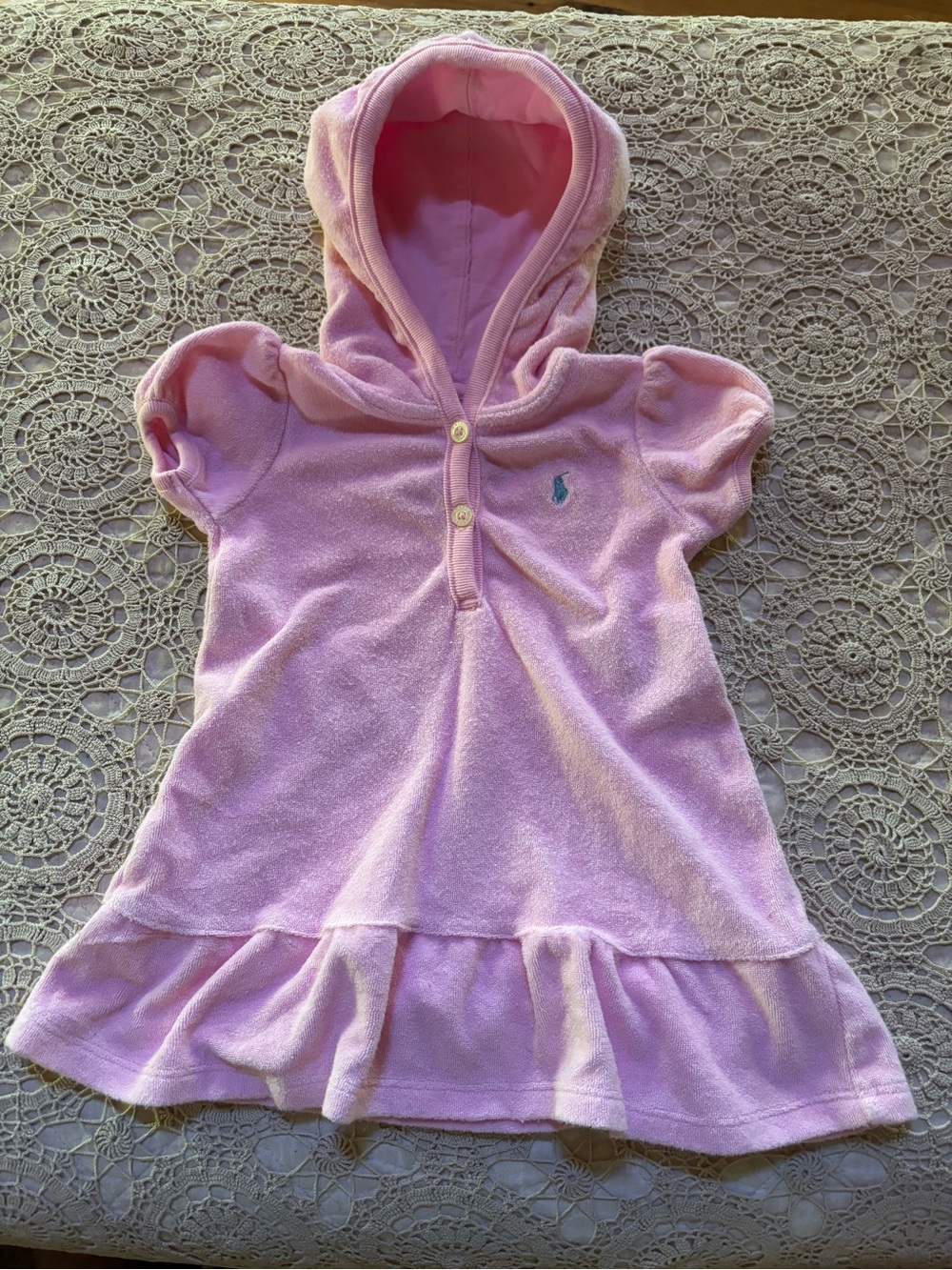 Ralph Lauren Infant Sz 6M Pink Terry Cloth Hooded Swim Coverup/Dress Aqua Pony